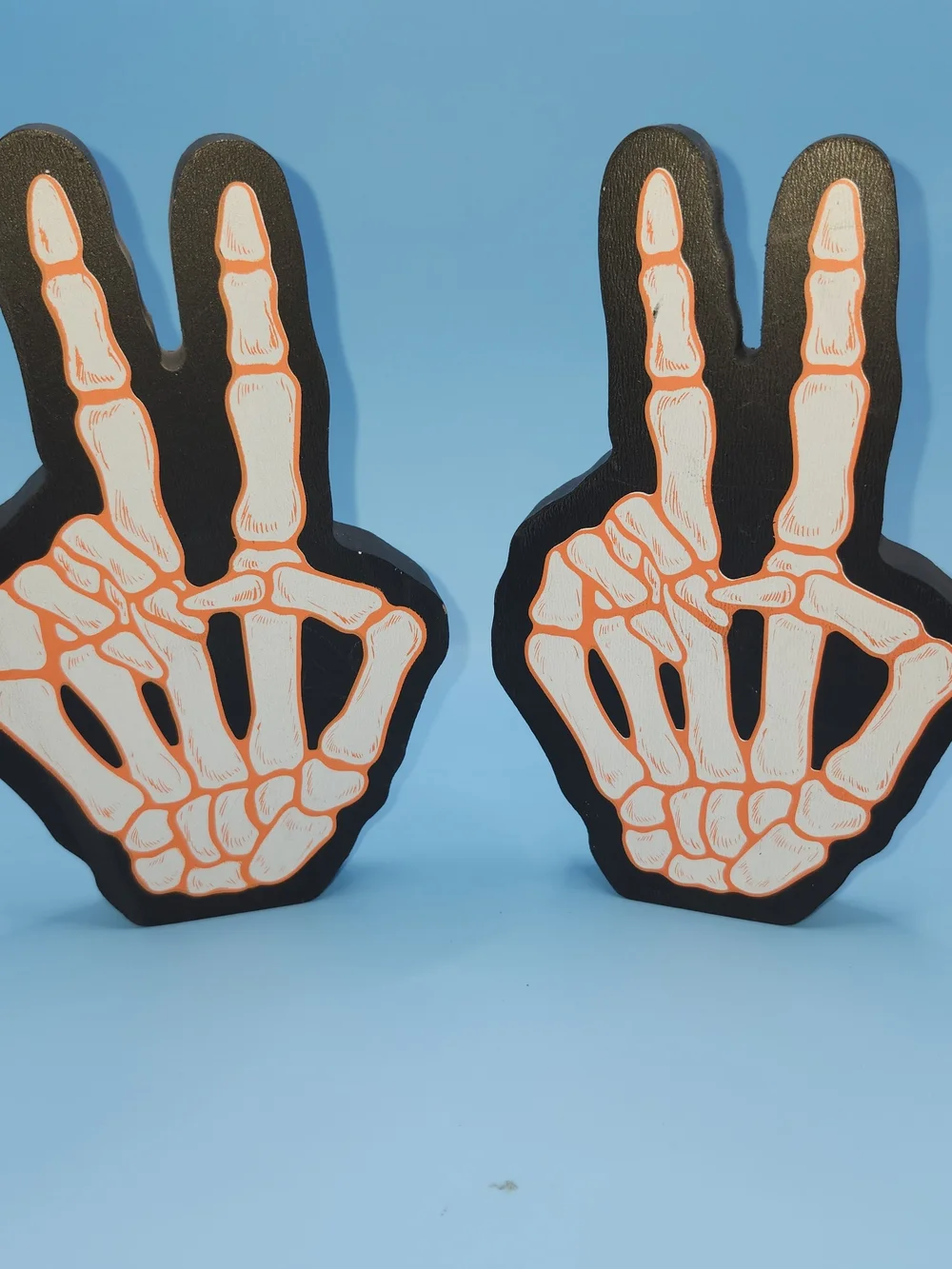 Lot of 2 Halloween Skeleton Hand Peace Sign Wood Cutout Tabletop Decor 3D Sign